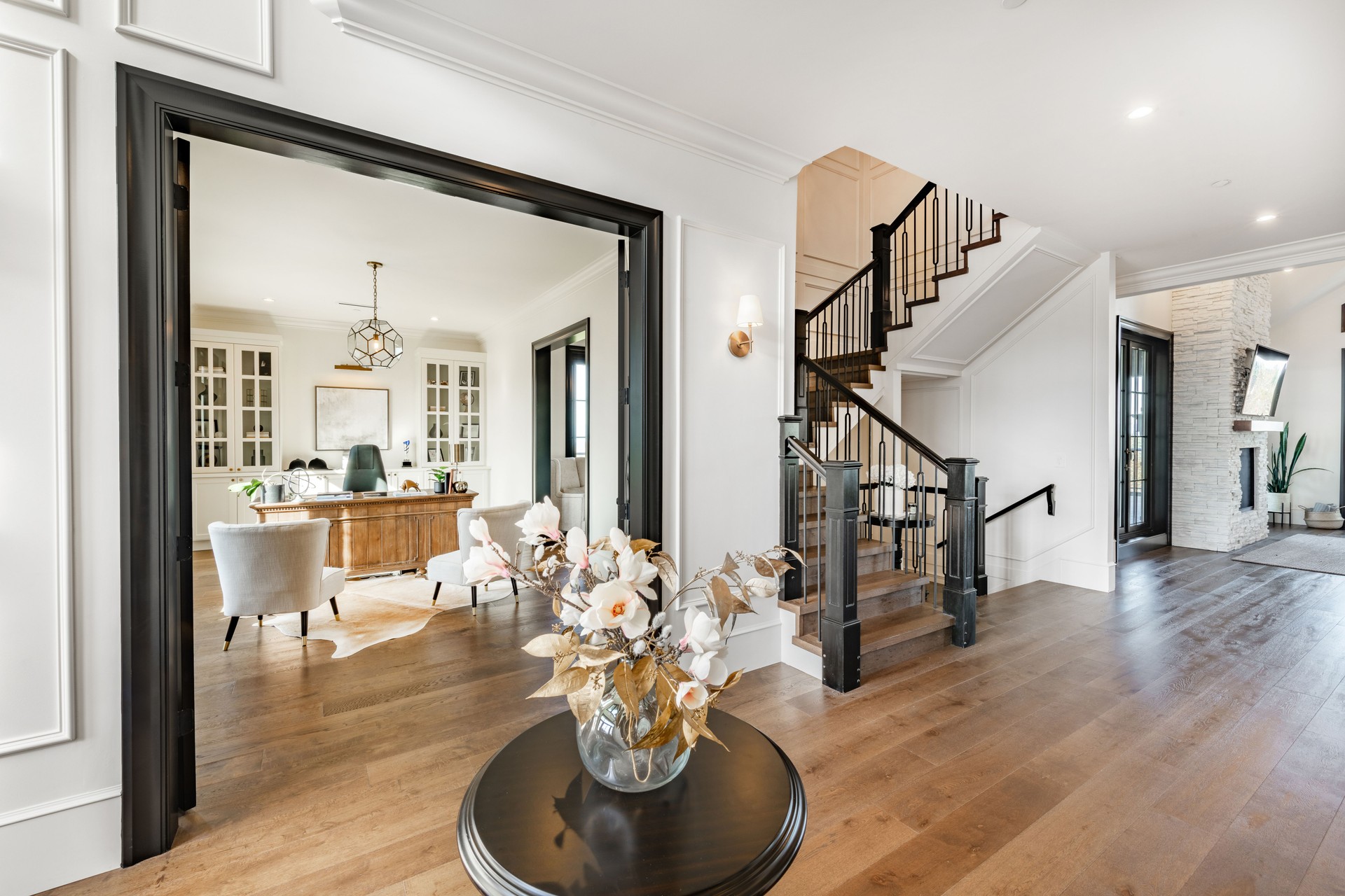 Front entry hall foyer of a luxurious and elegant home interior